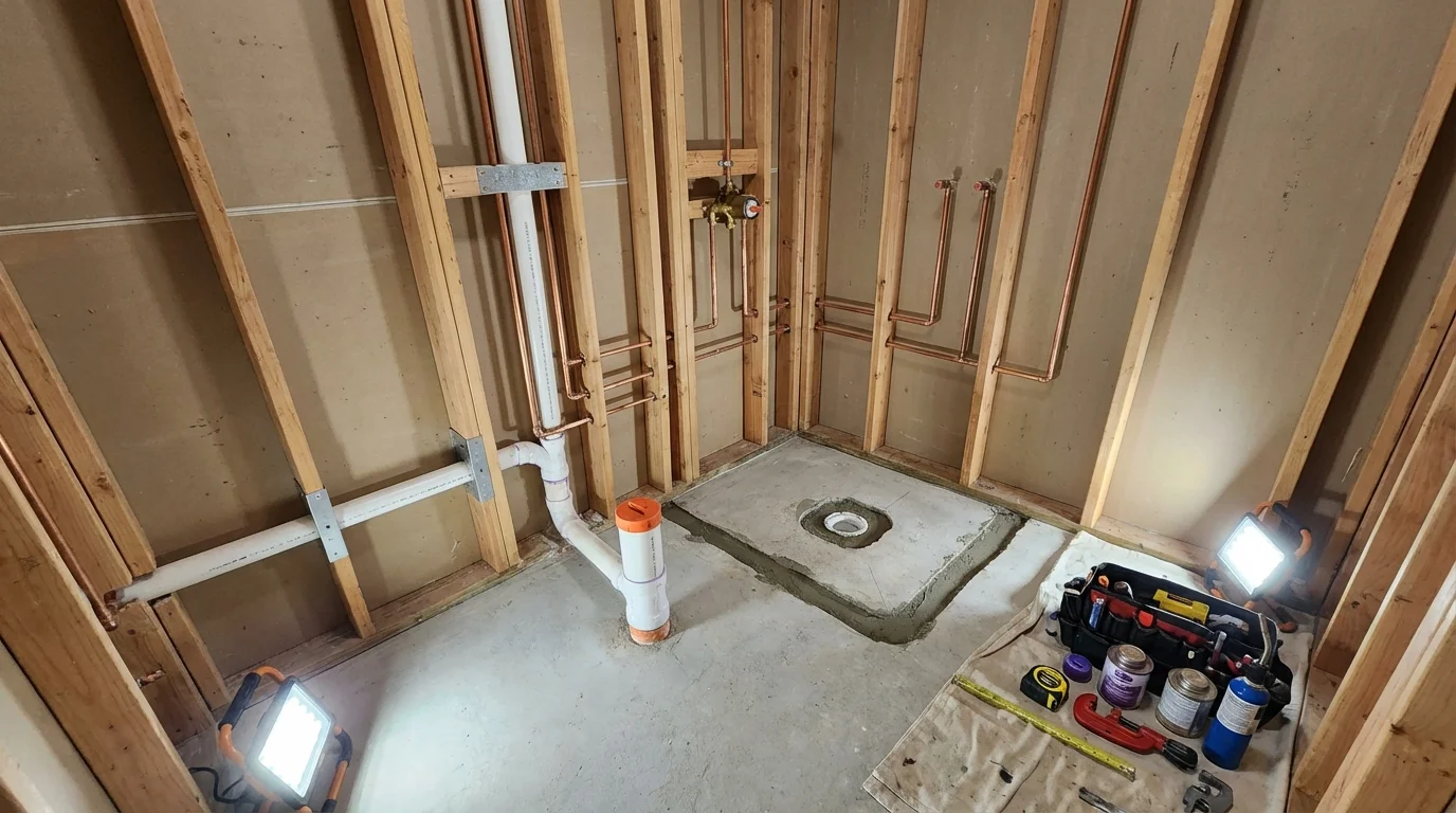 Bathroom rough-in plumbing during remodel by Johns Plumbing LLC in North Tonawanda