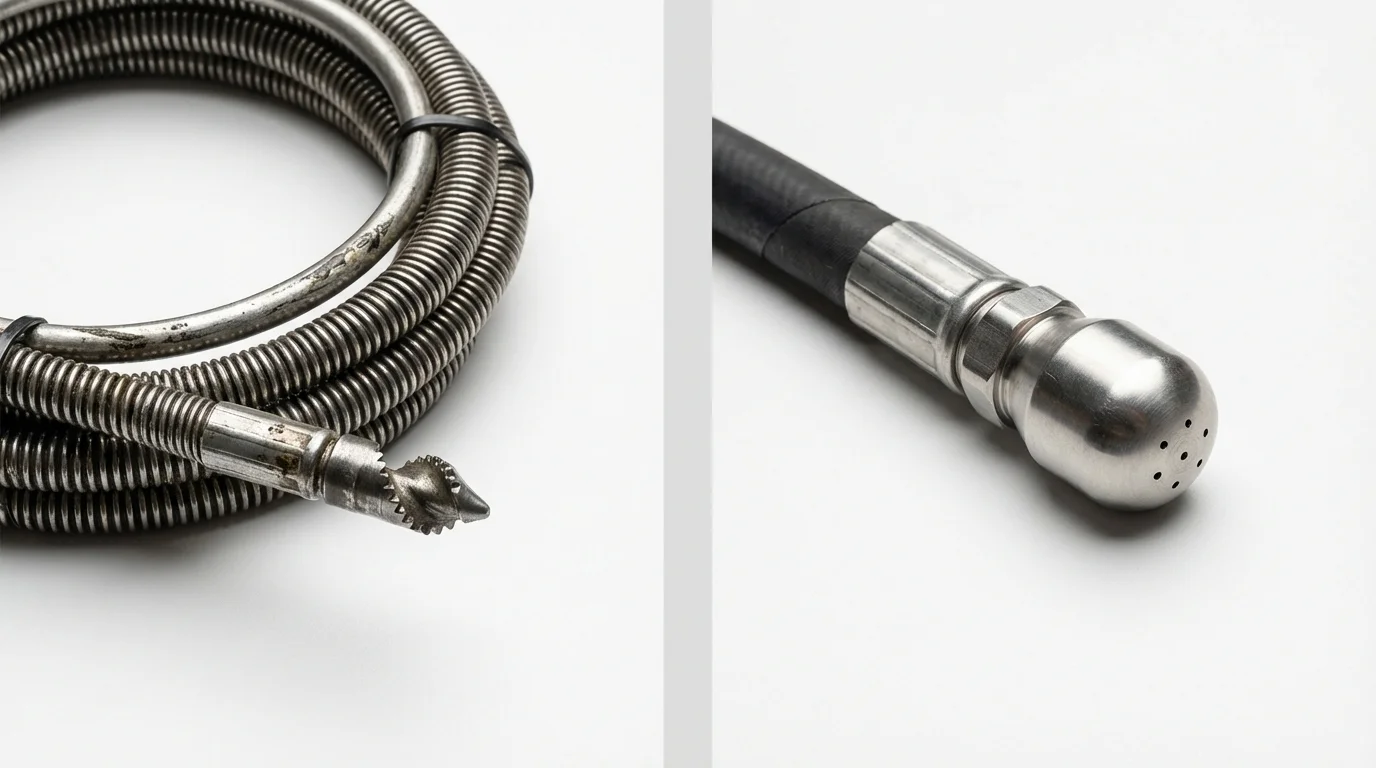Drain snake cable and hydro jetting nozzle used for drain cleaning in North Tonawanda, NY