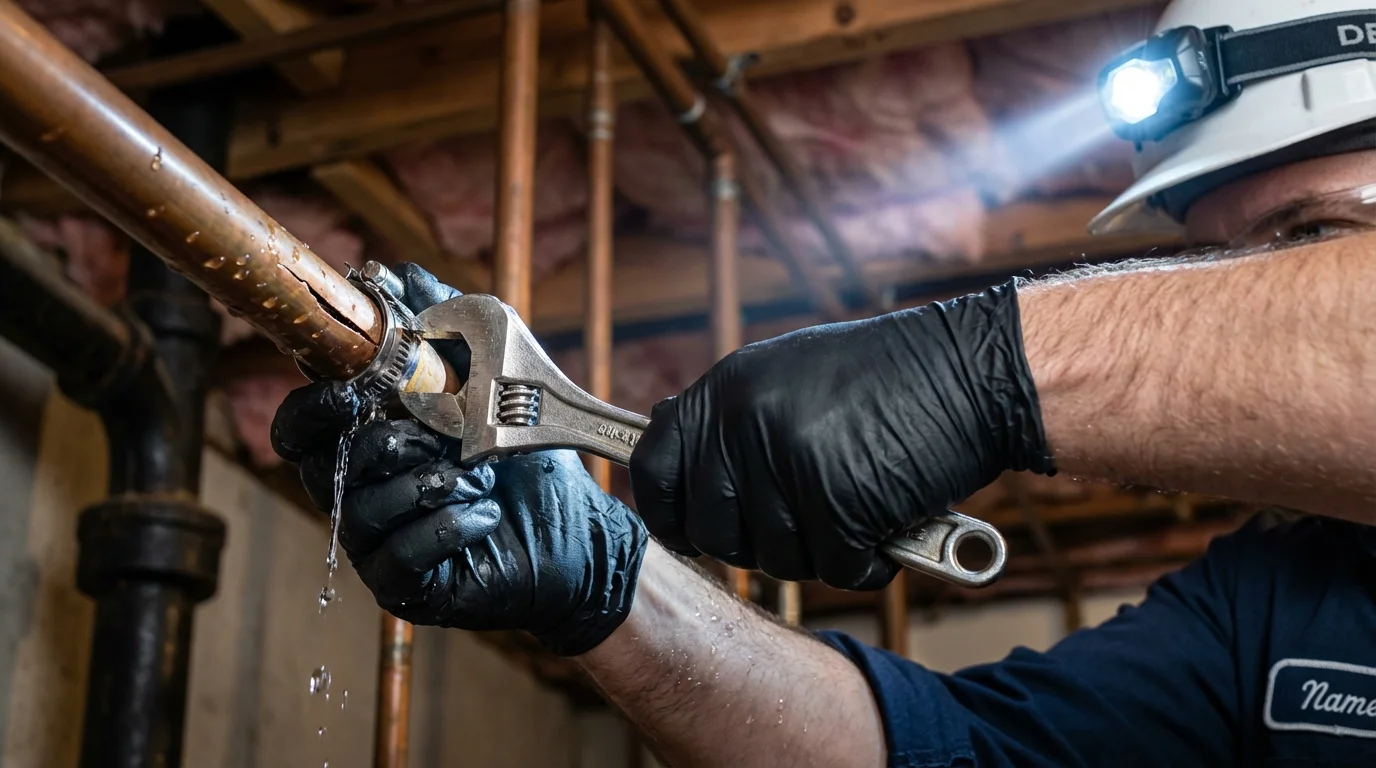 Emergency pipe clamp repair being performed by a Johns Plumbing LLC plumber in North Tonawanda