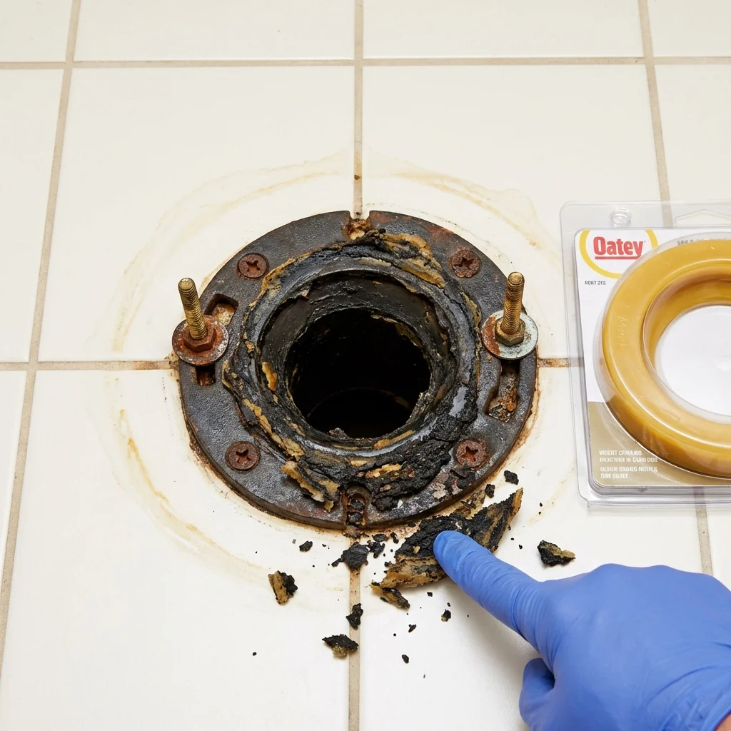 Failed wax ring showing water seepage at the base of a toilet in a North Tonawanda, NY home