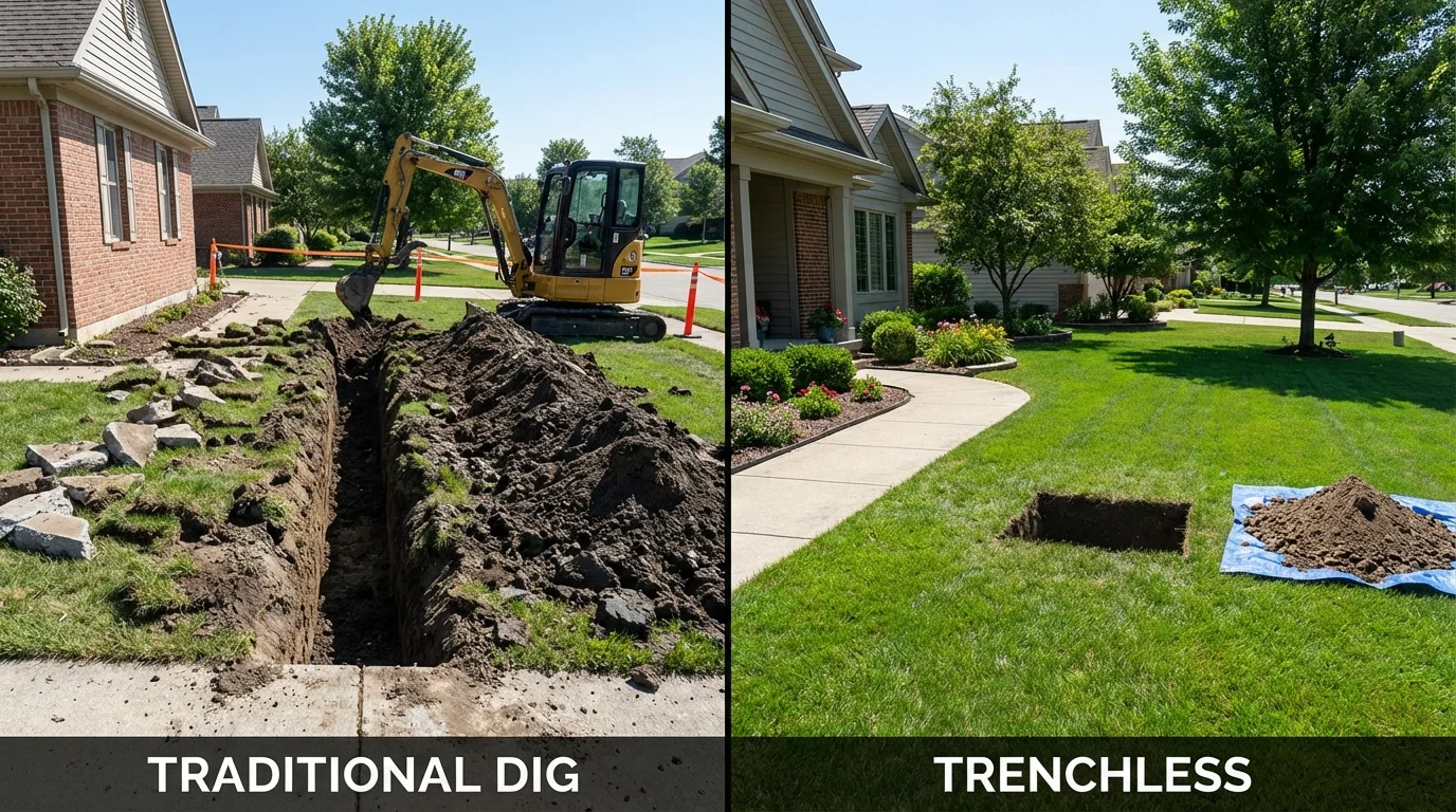 Trenchless sewer repair with minimal yard damage versus traditional excavation in North Tonawanda, NY
