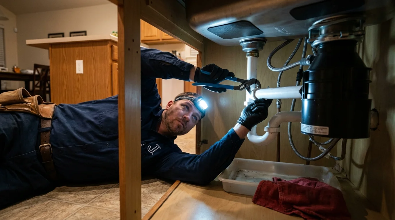 P-trap and supply line connections under a kitchen sink showing a common leak point in North Tonawanda, NY